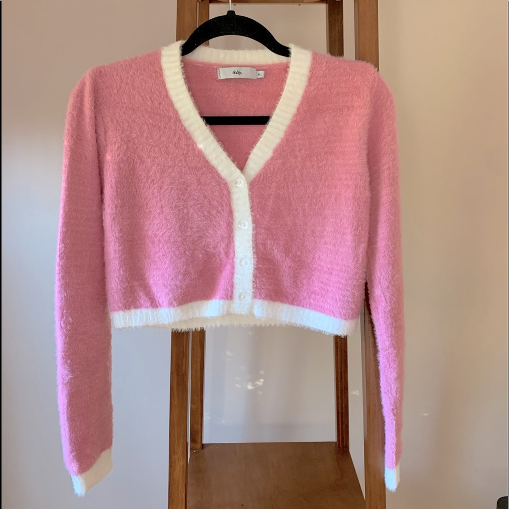 Adika Cropped Pink & White Cardigan Sweater
